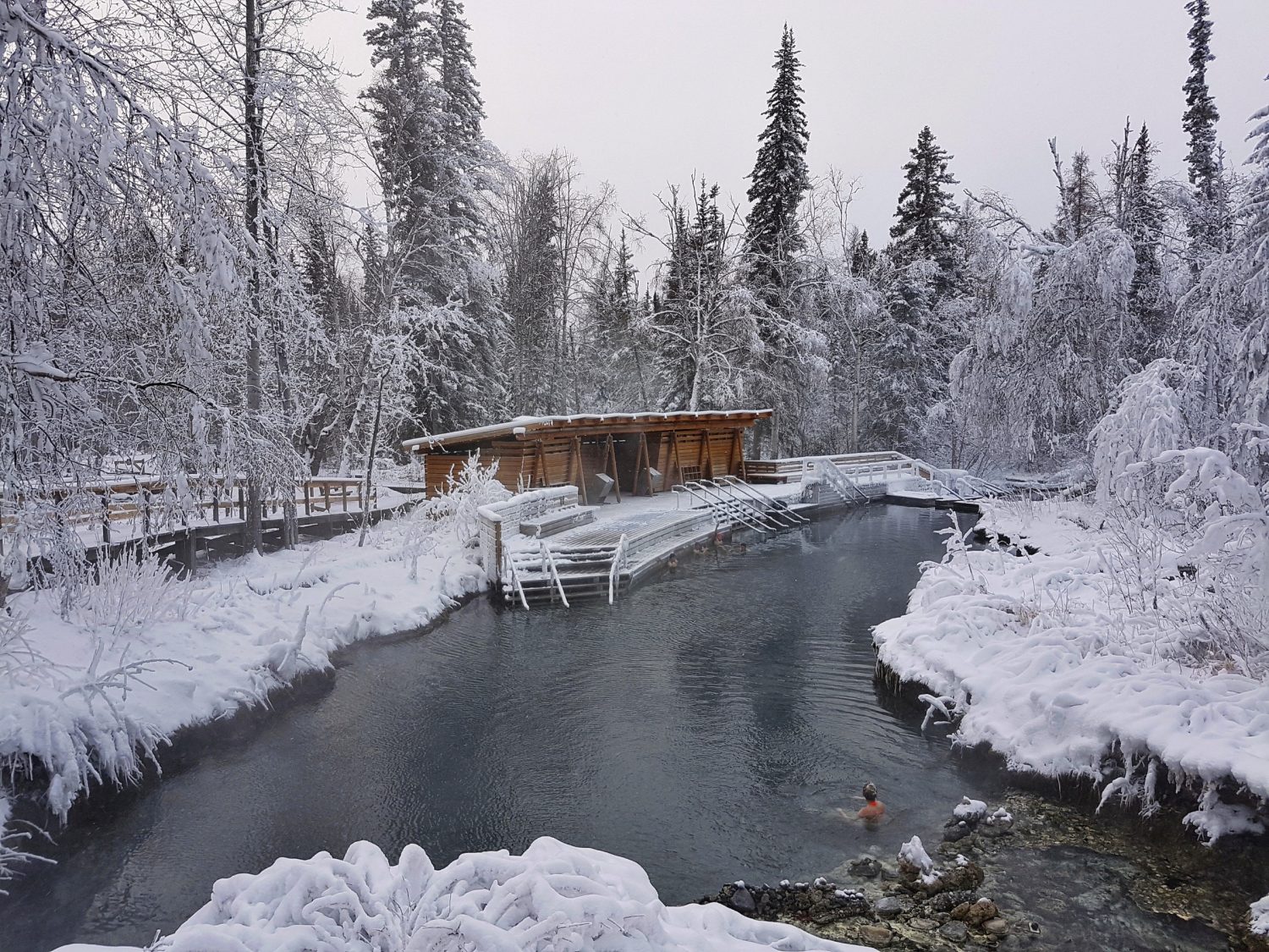 Hot springs at Liard River Hot Springs Provincial Park in winter.